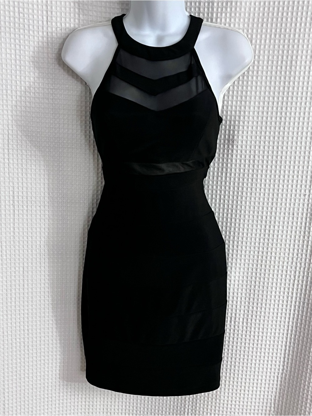 Windsor Black Halter Mini Dress with Mesh Insets size small